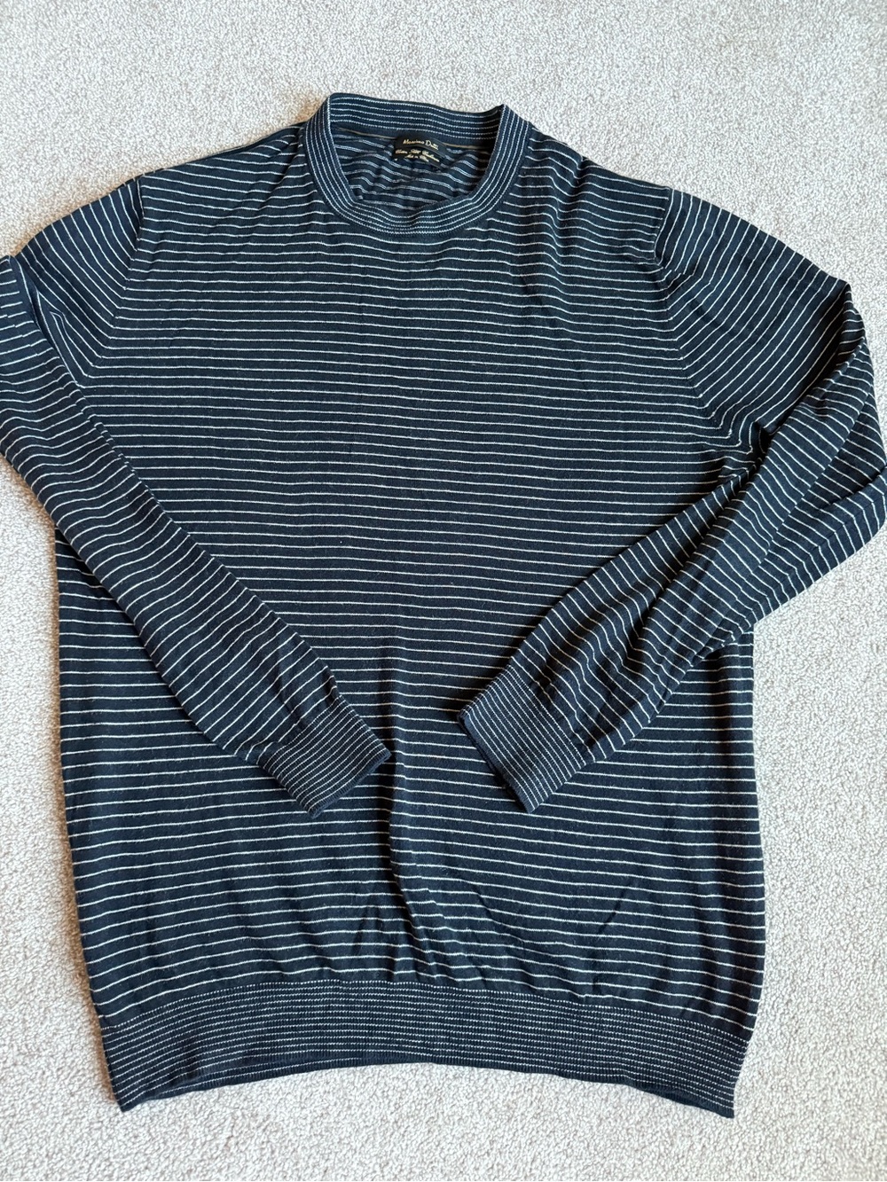 Massimo Dutti Navy and White Striped Crewneck Sweater